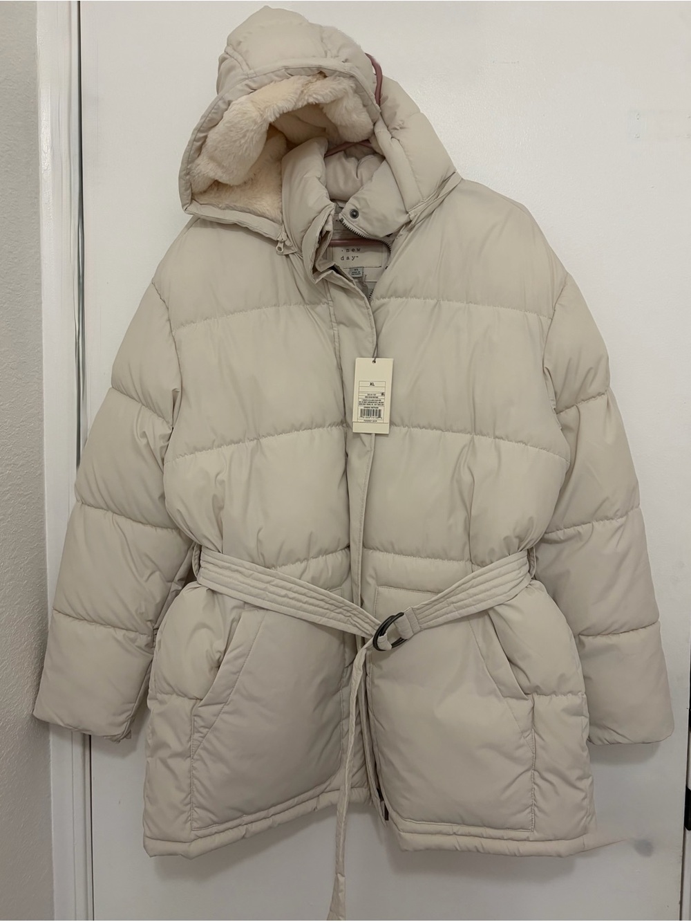 a new day Cream Quilted Belted Puffer Coat with Hood